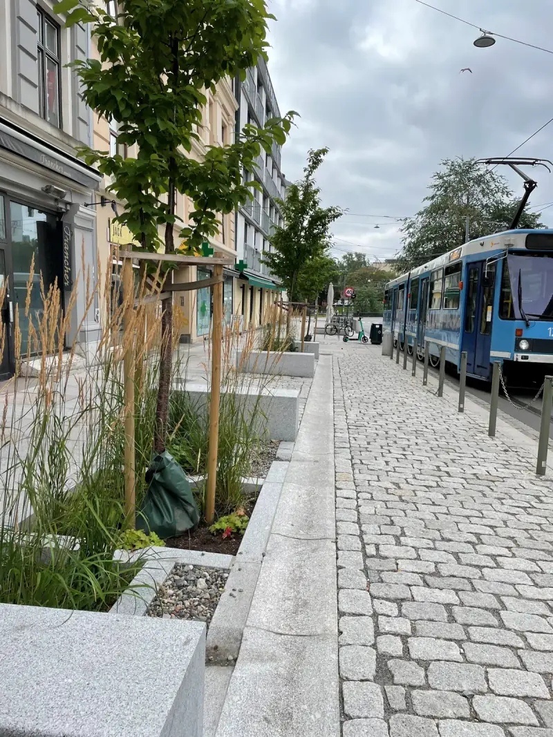 Regnbed med trær og møblering i Thorvald Meyers gate, Oslo